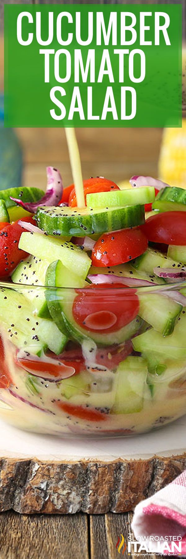 cucumber tomato salad in a glass bowl with the title overlay reading cucumber tomato salad