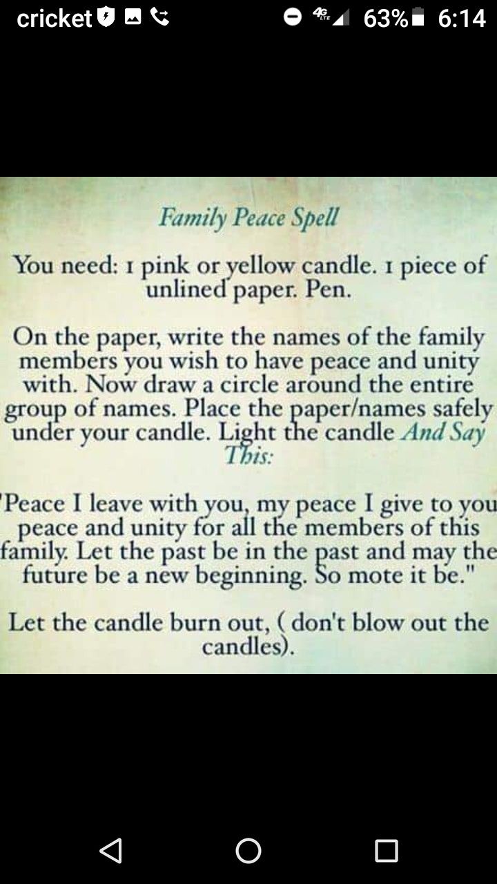 an old book with some writing on it and the words family peace spell written in white