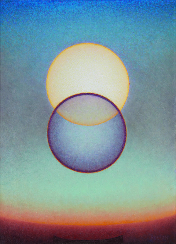 an abstract painting with two circles in the sky