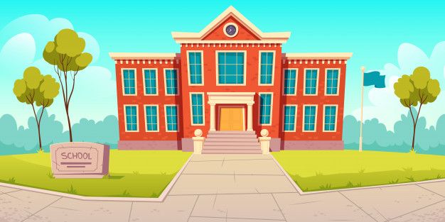 a school building with trees and bushes on the front lawn, cartoon style poster or wallpaper