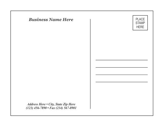 a blank postcard with the words business name here in black and white on it