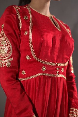 Red chanderi kurta with sequins hand embroidery. Comes with pant and a dupatta. - Aza Fashions Red Anarkali Set With Mirror Work In Art Silk, Red Art Silk Anarkali Set With Mirror Work, Red Raw Silk Churidar With Dori Work, Red Embroidered Anarkali Set For Transitional Season, Red Silk Anarkali Set With Mirror Work, Red Embellished Sets For Navratri, Red Embellished Chanderi Traditional Wear, Red Embellished Kurta For Festivals, Festive Red Churidar With Mirror Work