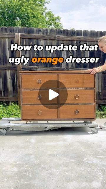 a man standing next to a dresser with the words how to update that ugly orange dresser