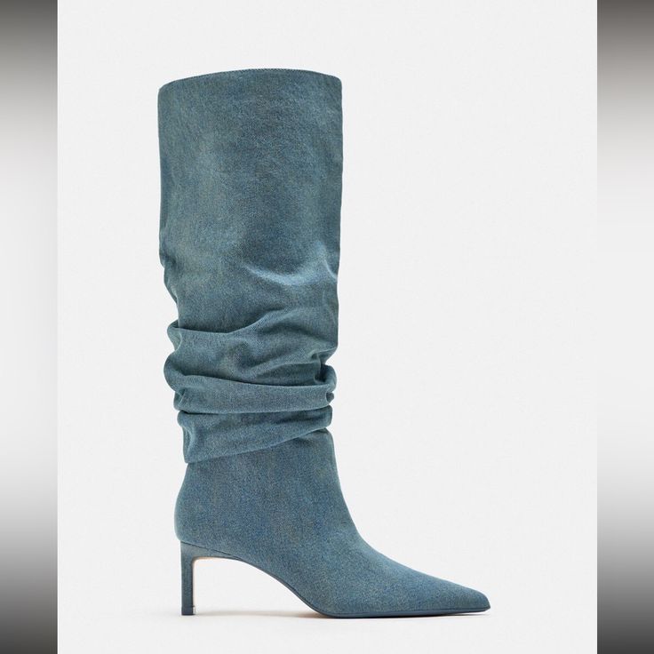 Heeled Boots In Denim Fabric. Slouchy Shaft. Pointed Toe., Heel Height: 2.4 Inches (6 Cm), Airfit. Flexible Technical Sole Made Of Latex Foam Denim Boots, Zara Shoes, Denim Fabric, Heeled Boots, Heel Height, Zara, Boots, Heels, Fabric