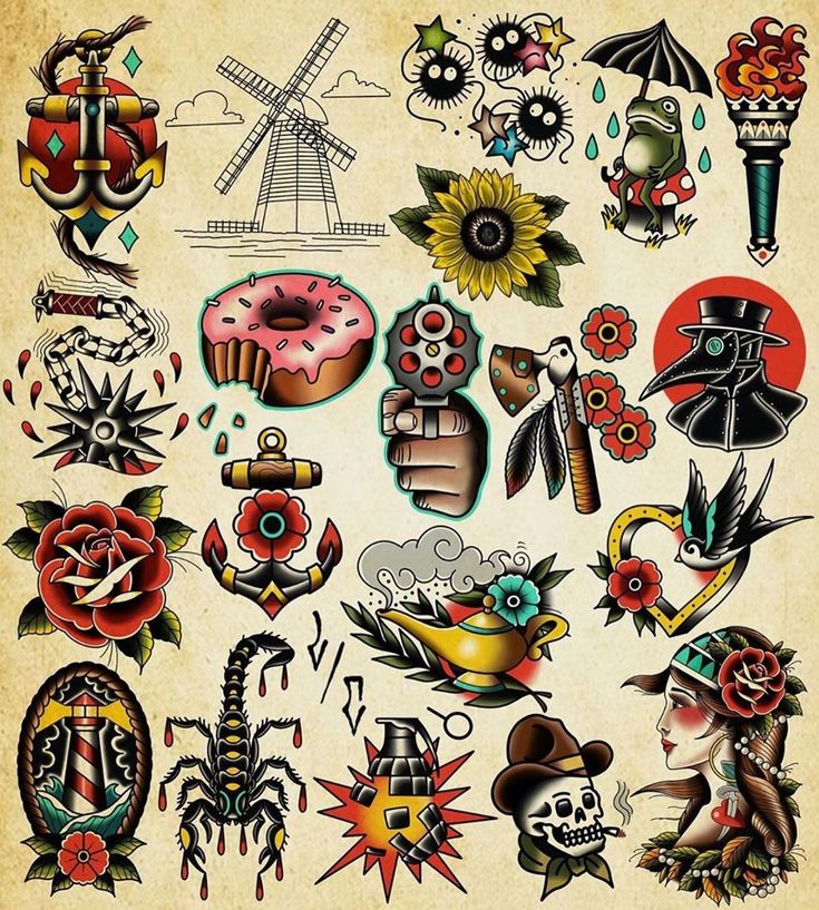 an old school tattoo design with various designs and symbols on the upper half of it