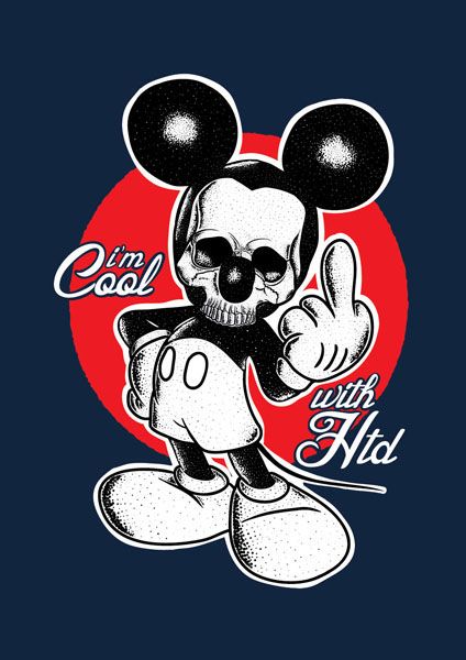 mickey mouse with the words on it and an image of a skull wearing a hat