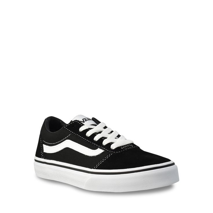 Hit the ramp in style with these youth Vans Ward black skateboard shoes. Made from a durable canvas upper with a contrast trim detail and stitching accents, these skate sneakers feature a lace up closure, a fabric lining, a cushioned footbed, a vulcanized rubber midsole and a rubber waffle outsole. | Vans Boy's Ward Sneaker in Black Size 5 Medium Elastic Lace-up Skate Shoes For Skateboarding, Black Canvas Sneakers With Contrast Sole, Black Mid-top Canvas Shoes For Skateboarding, Textile Canvas Shoes With Contrast Sole For Streetwear, Black Canvas Skate Shoes With Contrast Sole, Streetwear Canvas Shoes With Elastic Laces And Round Toe, Sporty Cotton Skate Shoes With Rubber Sole, Black Textile Sneakers With Vulcanized Sole, Canvas Lace-up Sneakers For Streetwear