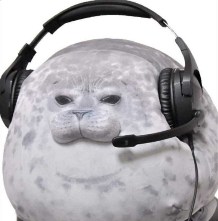 a stuffed seal with headphones on