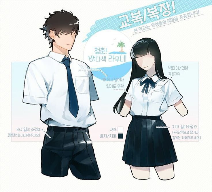 two people dressed in school uniforms standing next to each other, one wearing a tie