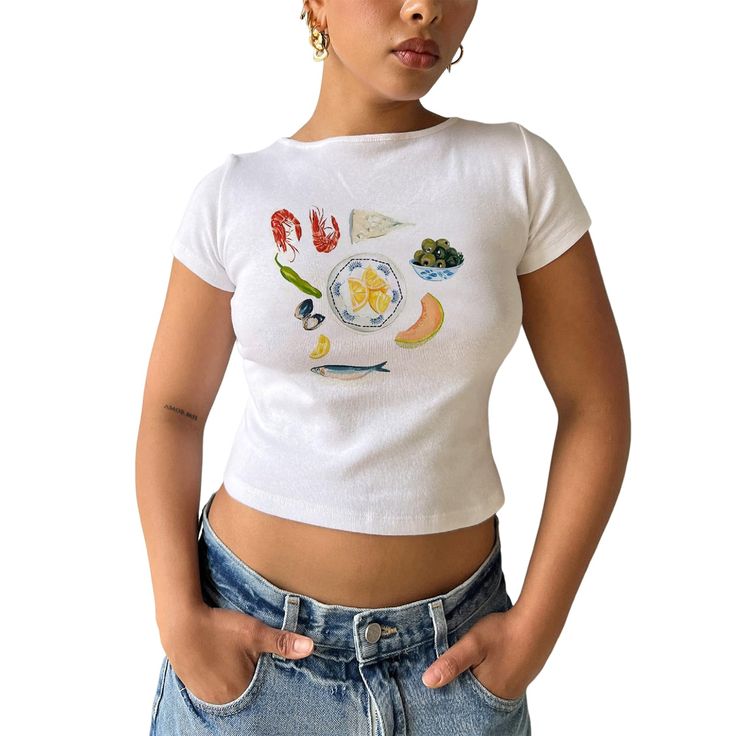 PRICES MAY VARY. Material: Graphic baby tees for women are made of 95% cotton and 5% spandex, lightweight, skin-friendly, soft, stretchy, breathable, comfortable to wear. Trendy baby tees for women teen girls 2024. Features: Y2k tops, short sleeve, round neck, fruit or food pattern print aesthetic tops, slim fit, crop tops, cute graphic tees for women teen girls, going out tops for women, grunge clothes for casual streetwear. Very fashion and attractive. Occasion: Graphic tees y2k, coastal summe Crop Tops Y2k, Fruit Prints, Floral Clothing, Graphic Crop Top, Aesthetic Streetwear, Baby Graphic Tees, Y2k Baby Tee, Aesthetic T Shirts, Club Tops