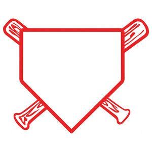 a red line drawing of baseball bats and a ball on a white background with text