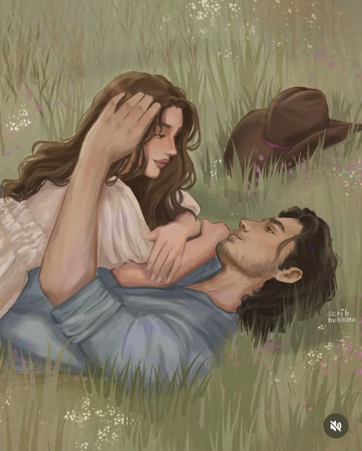 a painting of a man laying in the grass next to a woman who is holding her head