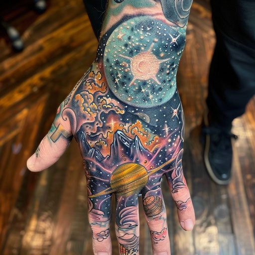 Dynamic Hand Tattoo Tattoo Flash Cosmic Hand Tattoo, Space Hand Tattoos For Guys, Hand Tattoos Space, Astronomy Hand Tattoo, Celestial Hand Tattoo, Healthy Bodies, Henna Stencils, Beautiful Henna, Protection Symbols