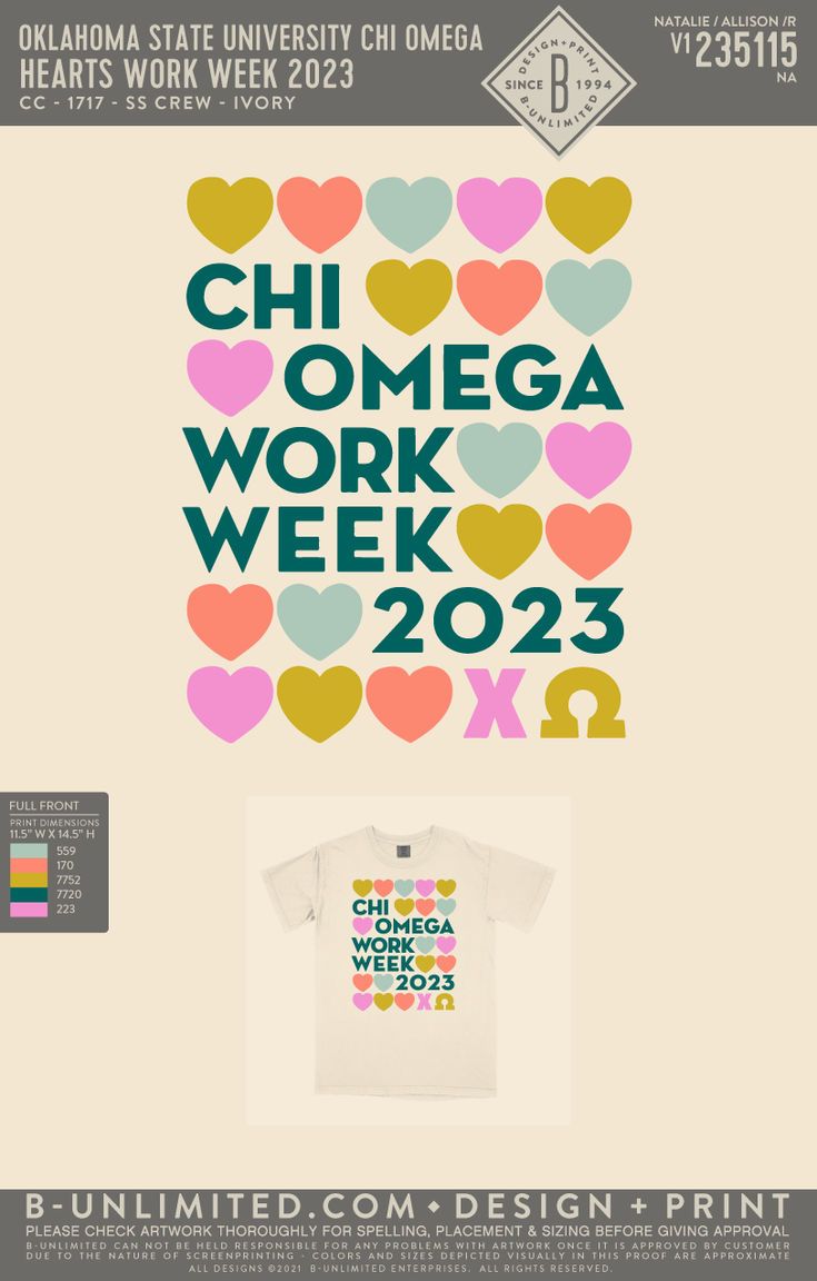 a t - shirt with hearts and the words chi omega work week 2012 on it