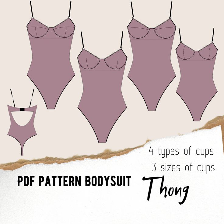 the four types of swimsuits are shown in three different colors and sizes, including pink