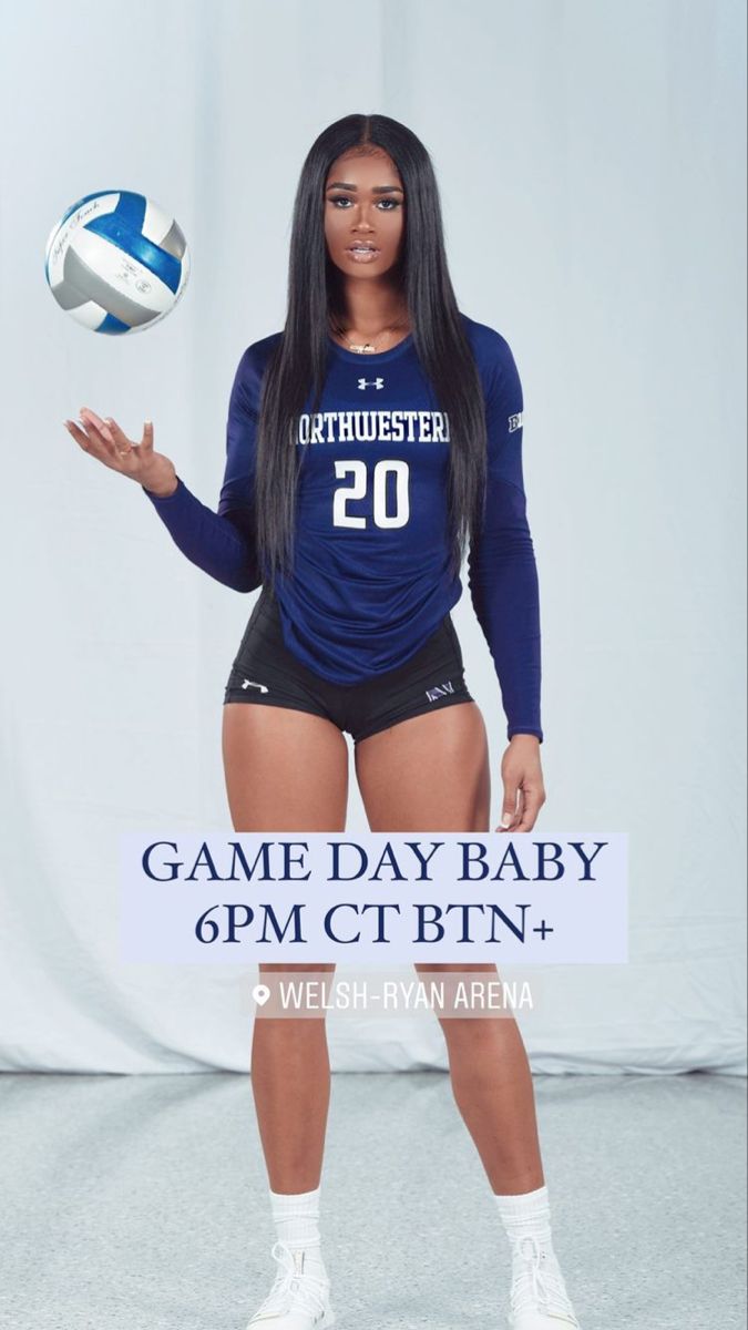 a woman is holding a volleyball ball and posing for a photo with the caption game day baby 6pm ct etn