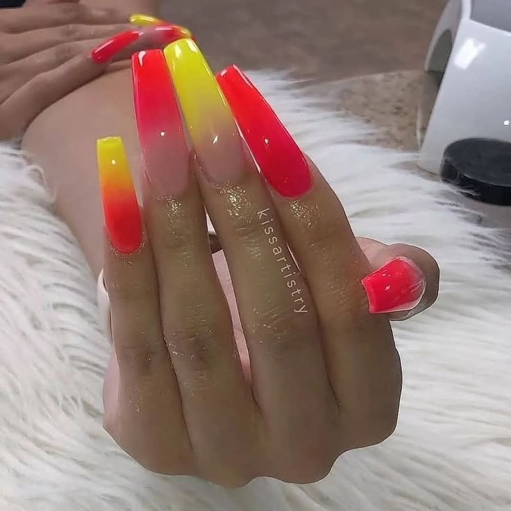 Red And Yellow Nails, Finger Nail Art Designs, Drip Nails, Neon Red, Exotic Nails, Long Acrylic Nails Coffin, Summer Acrylic Nails, Neon Nails, Yellow Nails