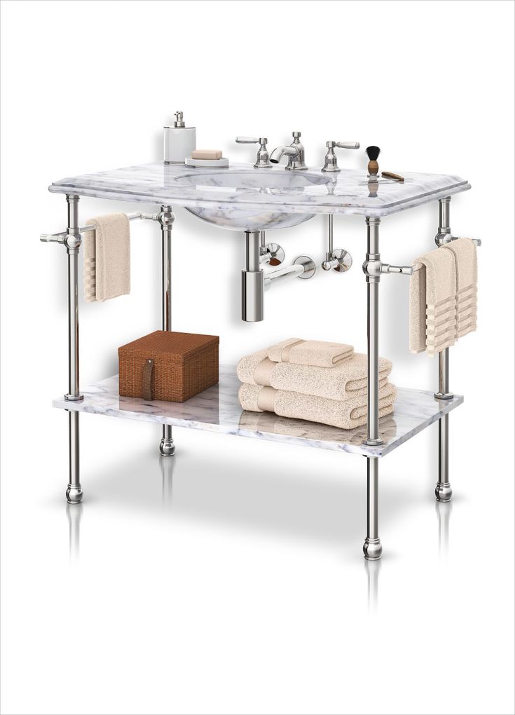 a bathroom vanity with two sinks and towel racks