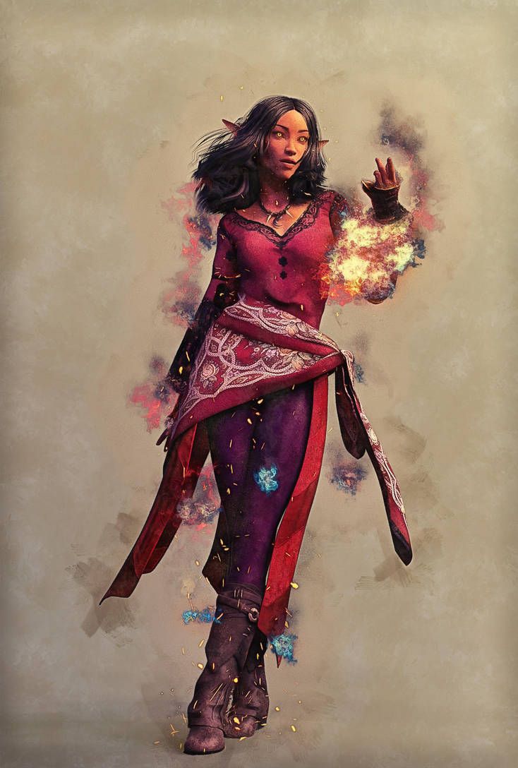 a digital painting of a woman with fire in her hand