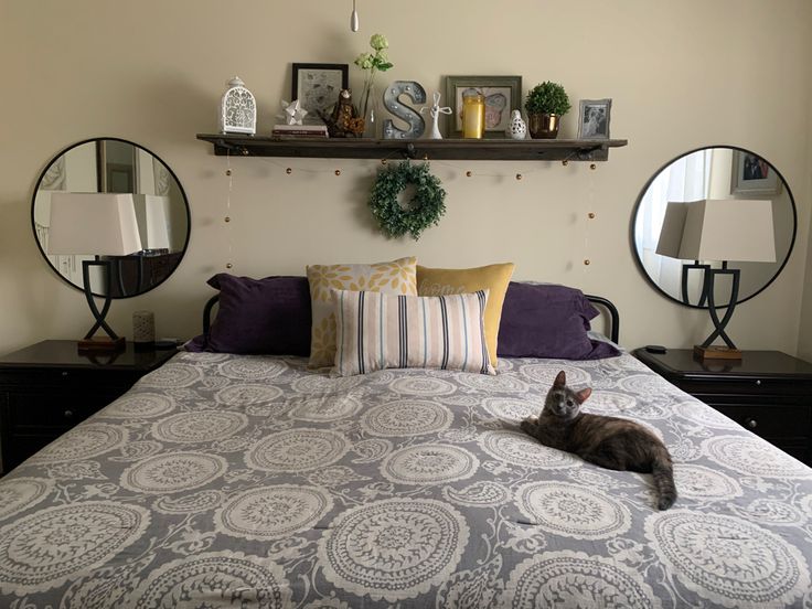 a cat laying on top of a bed next to two round mirrors and a shelf