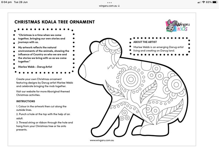 the christmas koala tree ornament is shown in this coloring page for kids