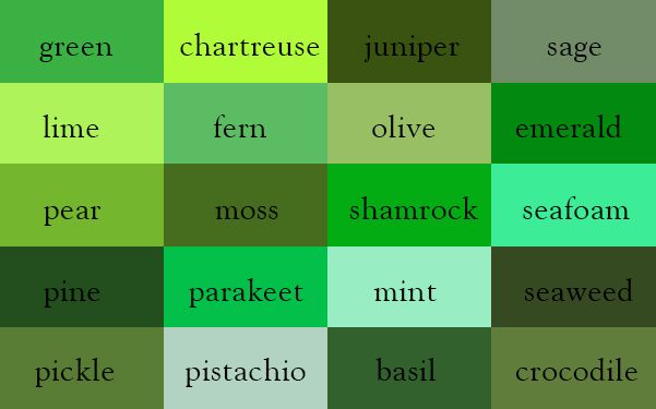 green and brown squares with words in different languages