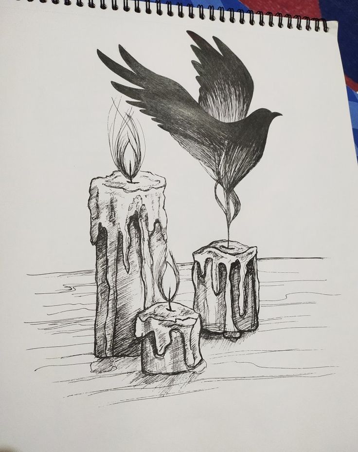 a pencil drawing of two candles with a bird flying over them and another candle on the table