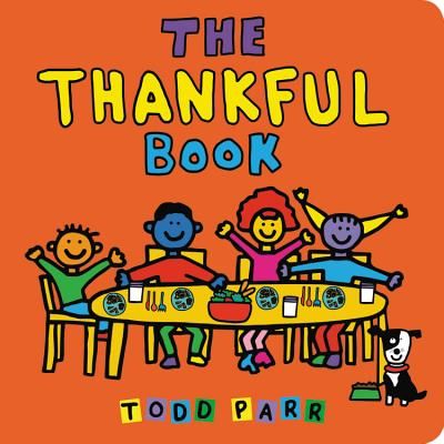 an orange book cover with children sitting at a table and the words, the thanksgiving book