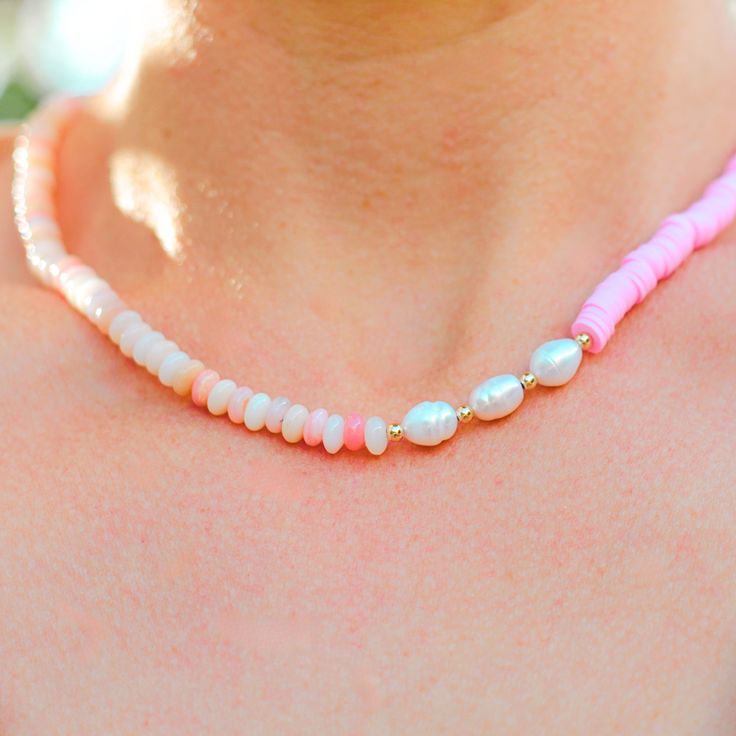 azalea necklace detail Pink Beaded Bohemian Pearl Necklace, Pink Bohemian Beaded Pearl Necklace, Bohemian Pink Beaded Pearl Necklace, Pink Necklace With Colorful Heishi Beads, Pink Heishi Bead Necklace With Colorful Beads, Pink Gemstone Beaded Necklaces For Beach, Beach Pink Gemstone Beaded Necklaces, Pink Gemstone Beaded Necklace For Beach, Pink Pearl Necklace For Beach