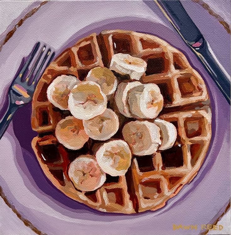 a painting of waffles and bananas on a purple plate with silverware next to it