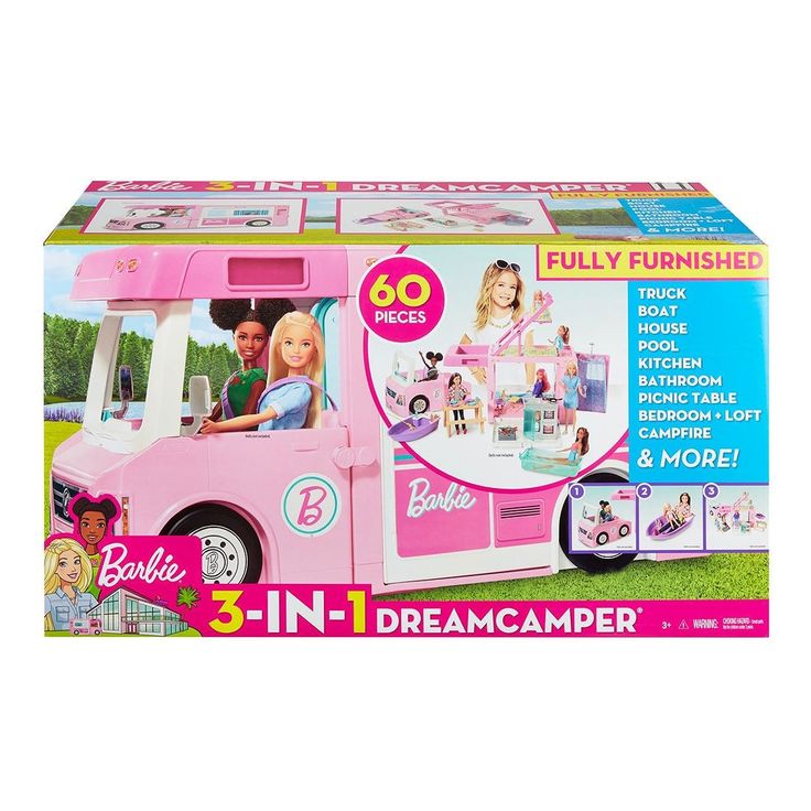 the pink truck has barbie dolls on it's front and back windows, as well as other accessories