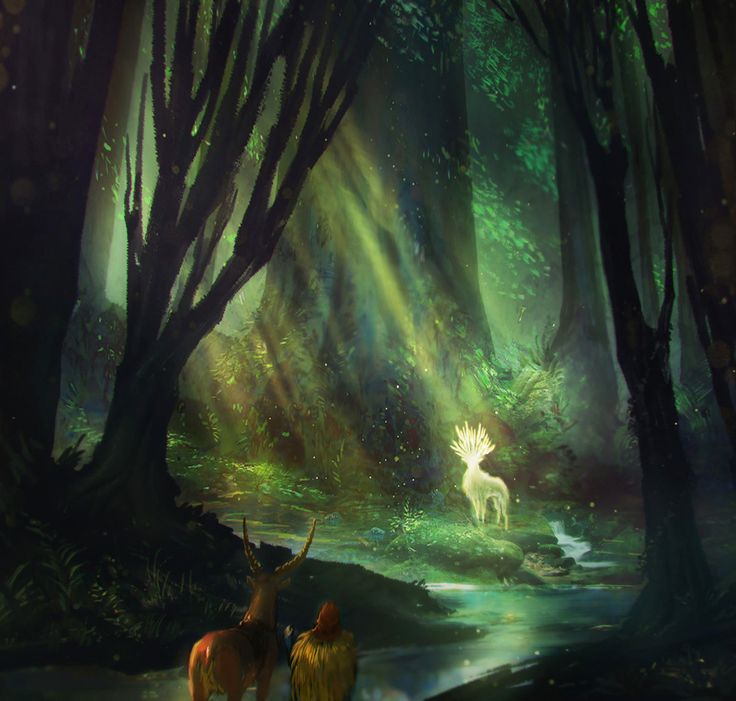 two deer standing in the middle of a forest next to a stream with trees on both sides