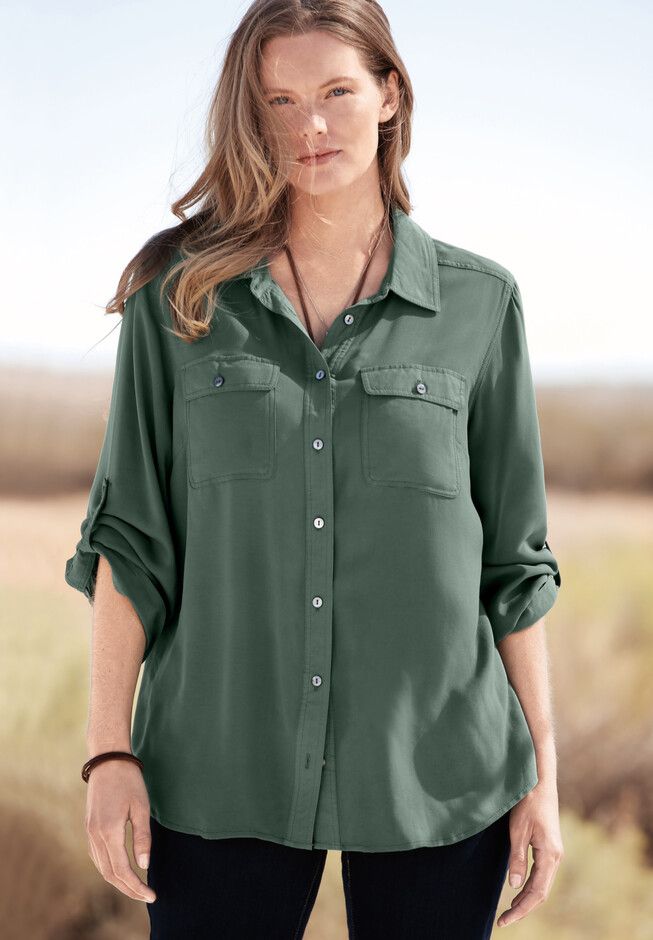 <div>A casual-cool utility shirt is a great addition to your wardrobe. Rolled sleeves with button tabs and buttoned-flap chest pockets add to the casual appeal.</div> Long Sleeve Chiffon Shirt, Linen Shorts Women, Gauze Shirt, Seersucker Shirt, Utility Shirt, Womens Scrubs, Rolled Sleeves, Woman Within, Chiffon Long Sleeve