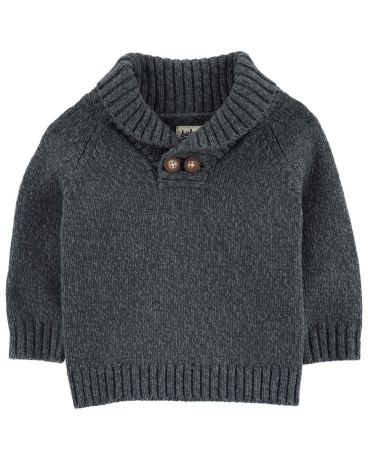 The final touch for baby's look. Keep them warm and cozy in this chunky knit sweater, complete with a shawl collar and two little buttons on the front. Cozy Shawl, Baby Boy Sweater, Oshkosh Baby, Baby Boy Tops, Carters Baby Boys, Chunky Knit Sweater, Grey Baby, Grey Knit Sweater, Sweater Grey