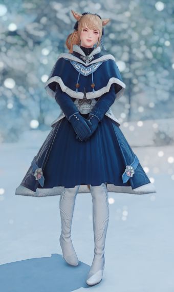 a woman in a blue dress and white boots standing on a snow covered ground with her hands behind her back