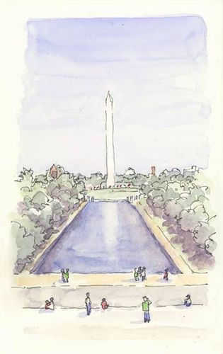 a watercolor drawing of the washington monument in washington dc, with people walking around it