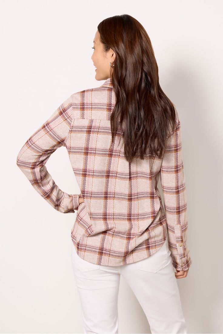 Crafted in the softest sweater knit fabric, you’ll be reaching for this Faherty button-down again and again. Perfect alone or layered, this cozy plaid shirt features a shirttail hem, long sleeves, and patch chest pockets. Front-tuck into your favorite denim or wear unbuttoned over a tank. | FAHERTY Women's Legend Sweater Shirt, Size XL, Pink Collared Shirt For Layering In Fall, Cozy Plaid Long Sleeve Top, Everyday Collared Tops For Fall, Everyday Fall Shirt With Shirttail Hem, Fall Shirt With Shirttail Hem For Everyday, Everyday Shirt With Shirttail Hem For Fall, Shirt With Shirttail Hem For Everyday Fall, Brown Tops For Casual Gatherings In Fall, Plaid Long Sleeve Tops For Casual Gatherings