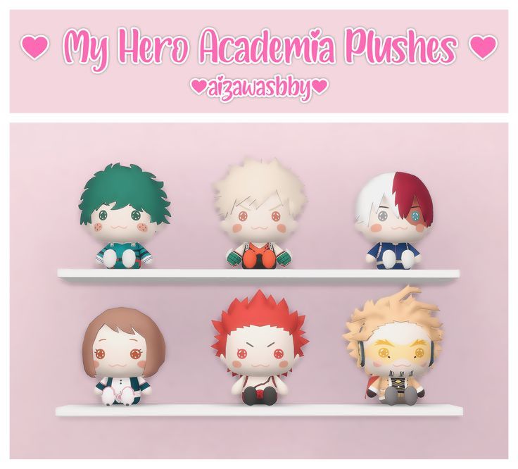 four anime dolls are sitting on shelves with the words, my hero academy plushies