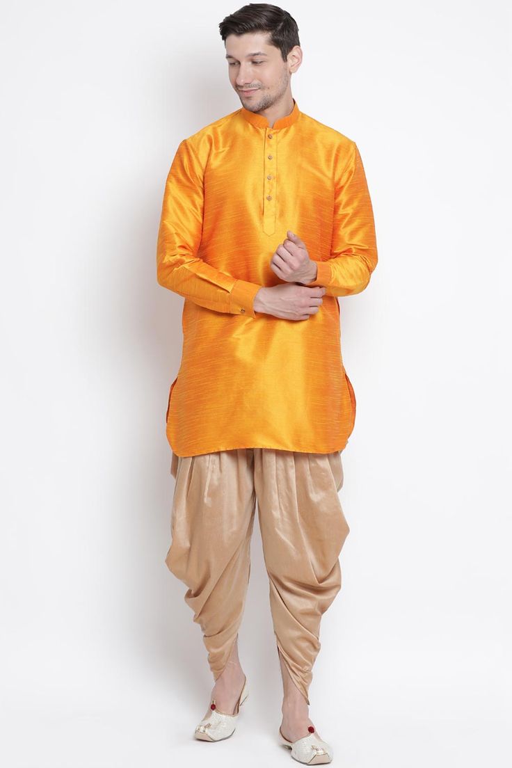 Orange Blended Silk Kurta for Men's Transitional Long Sleeve Kurta For Puja, Kurta With Self Design For Puja And Transitional Season, Straight Kurta For Navratri Puja, Traditional Handloom Straight Kurta, Straight Kurta For Festivals, Cotton Silk Kurta For Puja During Transitional Season, Self Design Kurta For Puja And Transitional Season, Designer Handloom Kurta For Navratri, Self Design Kurta For Puja In Transitional Season