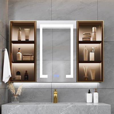 a bathroom with a sink, mirror and shelves on the wall