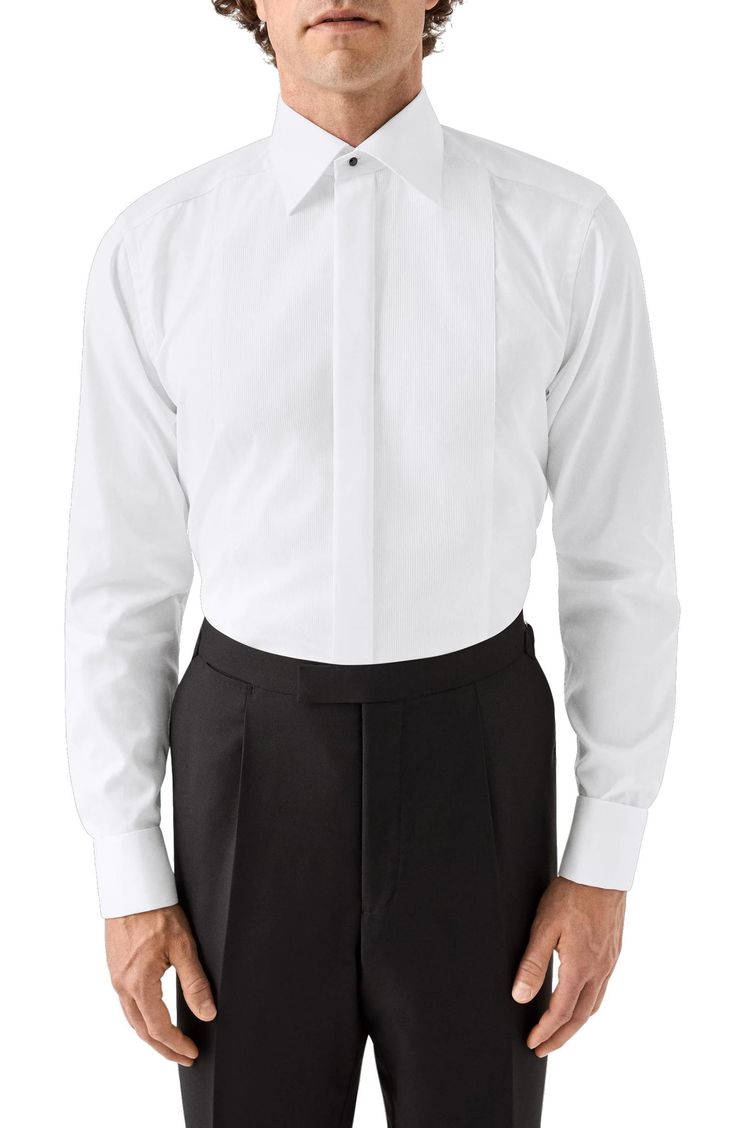 Cut in a slim fit, this sharp tuxedo shirt is constructed from a high-performance, crease-resistant cotton and fitted with a classic spread collar. French placket Spread collar with collar stays French cuffs 100% organic cotton Machine wash, line dry Imported Timeless Fitted Business Tops, Classic Fitted Long Sleeve Tuxedo, Luxury Fitted Tops For Business, Formal Slim Fit Top With Concealed Placket, Luxury Slim Fit Tops For Formal Occasions, Formal Tops With Concealed Placket And Slim Fit, Business Tuxedo Shirt With Long Sleeves, Luxury Formal Shirt With Hidden Button Closure, Classic Formal Tops With Fold Down Collar