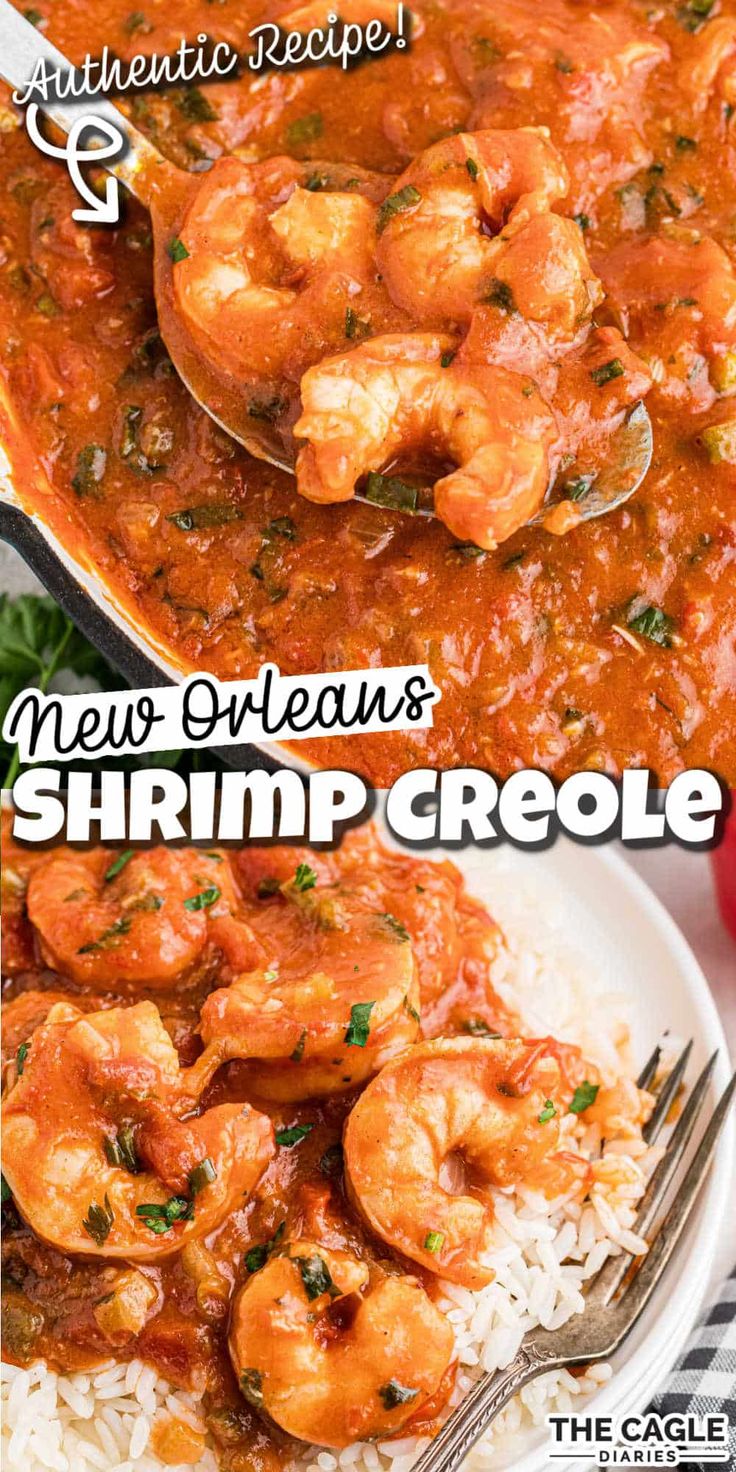 shrimp and rice dish with text overlay that reads, authentic recipe new orleans shrimp crepe