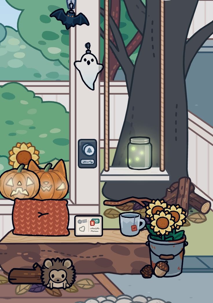 an animated halloween scene with pumpkins, flowers and other decorations on the table in front of a window