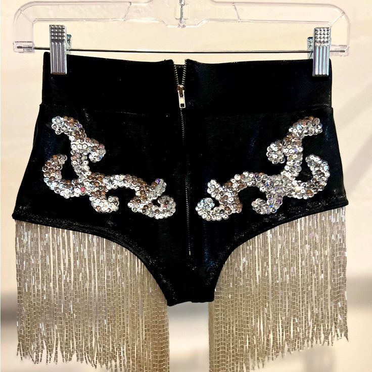 I Bought These A While Back For A Photo Shoot, They’re Beautiful! But I Can No Longer Fit Them, As I’ve Gained A Little Weight. The Measurements Are Waist: 24 Center Crotch: 6 1/2 Hips: 27 Embellished High Waist Bottoms For Night Out, Glamorous Black Embellished Bottoms, Glamorous Embellished Black Bottoms, Fitted Embellished Bottoms For Club, Embellished Fitted Bottoms For Club, Embellished Black Bottoms For Night Out, Chic Party Bottoms With Rhinestone Fringe, Glamorous Black Bottoms With Rhinestone Fringe, Metallic Fitted Shorts For Night Out