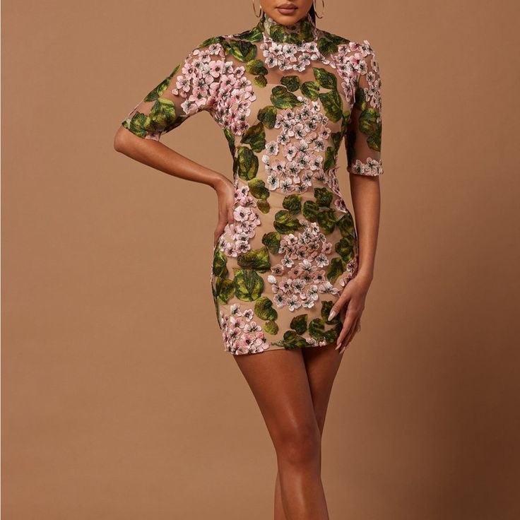 New With Tags. Never Been Worn. Elodie Floral Embroidered Mini Dress From Fashion Nova. Dress Is Mesh Material With Embroidered Floral And Includes A Nude Color Tube Lining Dress To Wear Underneath (Shown In Pics). Tube Lining Is Detachable So You Can Wear Whatever You Want Underneath. Or Use It As A Swimsuit Coverup! Has Mock Style Neckline (Turtleneck-Ish) And Short Sleeves. The Sleeves Are A Little Longer Than Normal Short Sleeves, But Not Quite 3/4 Sleeve. Printed Stretch Mini Dress With Short Sleeves, Evening Stretch Mini Dress With Floral Print, Fitted Floral Print Mini Dress With Short Sleeves, Summer Floral Print Mini Embroidered Dress, Printed Short Sleeve Party Dress, Spring Floral Print Embroidered Fitted Dress, Spring Green Embroidered Dress For Party, Short Sleeve Printed Party Dress, Spring Green Embroidered Party Dress