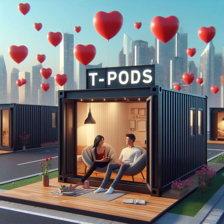 a man and woman sitting in a tiny shipping container with hearts floating over them on the roof