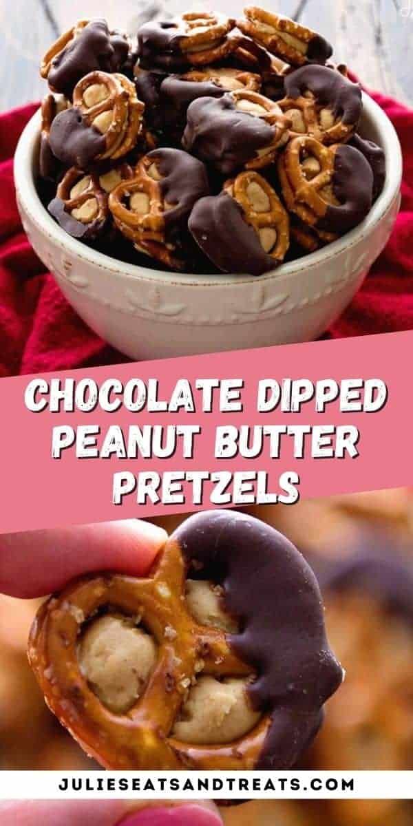 chocolate dipped peanut butter pretzels in a bowl