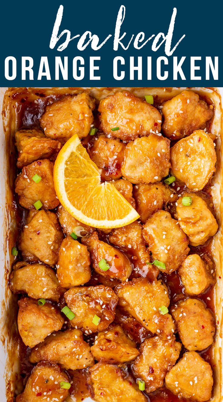 orange chicken in a baking dish with text overlay