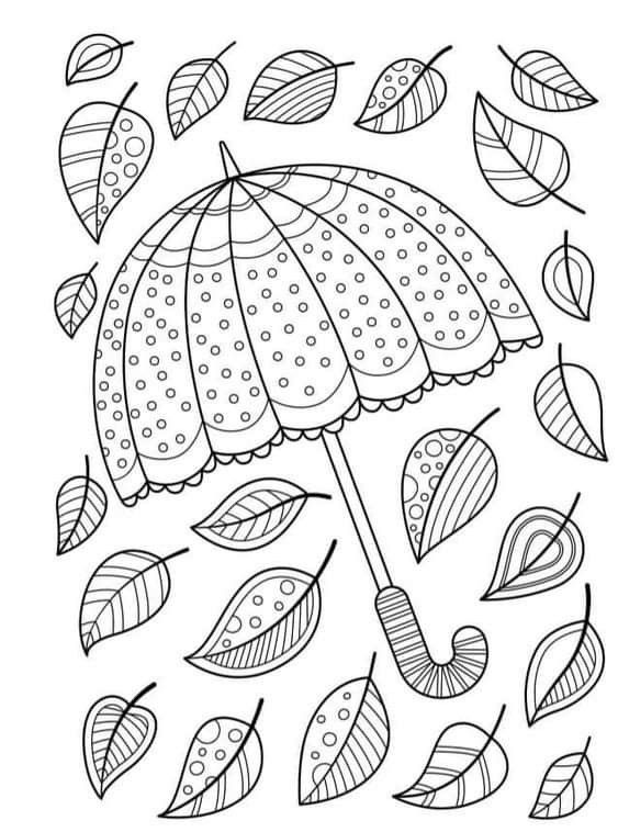 an umbrella with leaves flying around it in the wind coloring page for adults and children