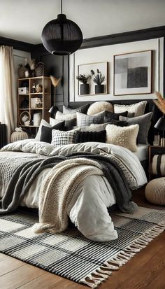 a bedroom with black and white bedding, rugs and pictures on the wall